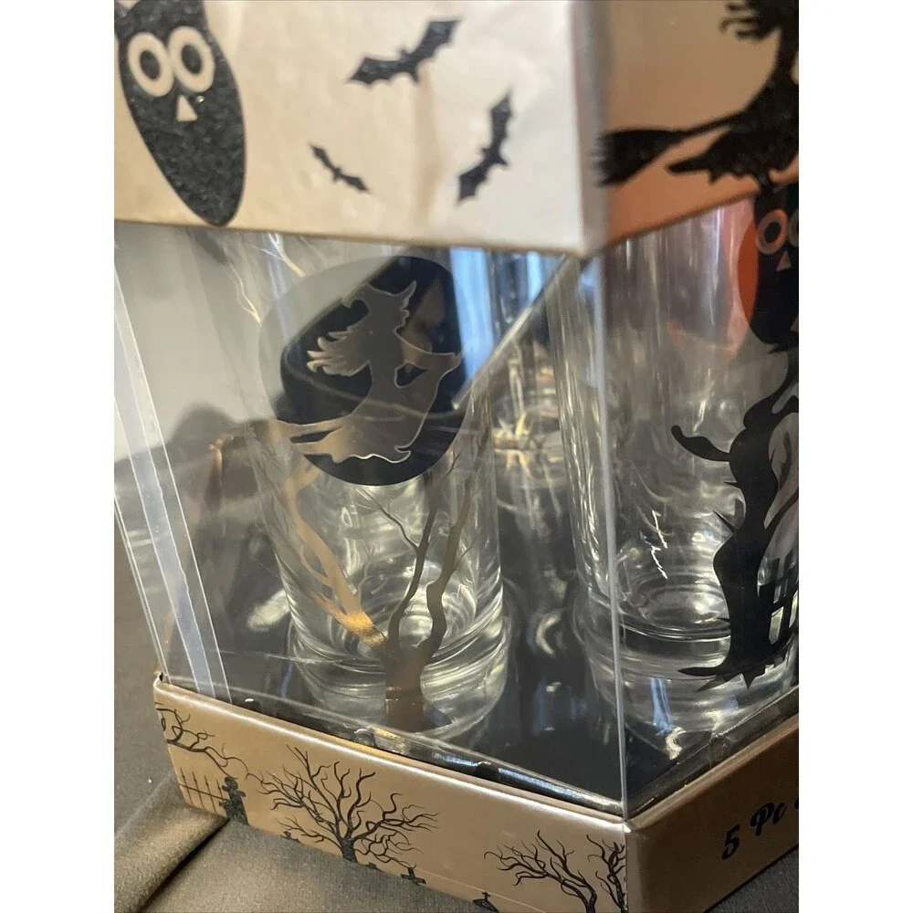 Halloween Shooters Shot Glass Set of 5 Witch Ghost RIP Bat Cat Haunted House NEW